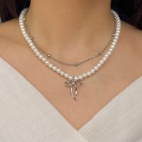 گردنبند دولاین پاپیون مرواریدی طلایی و نقره ای