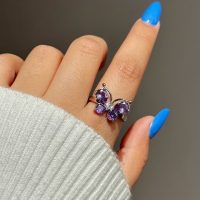 انگشتر پروانه جواهری بنفش و صورتی